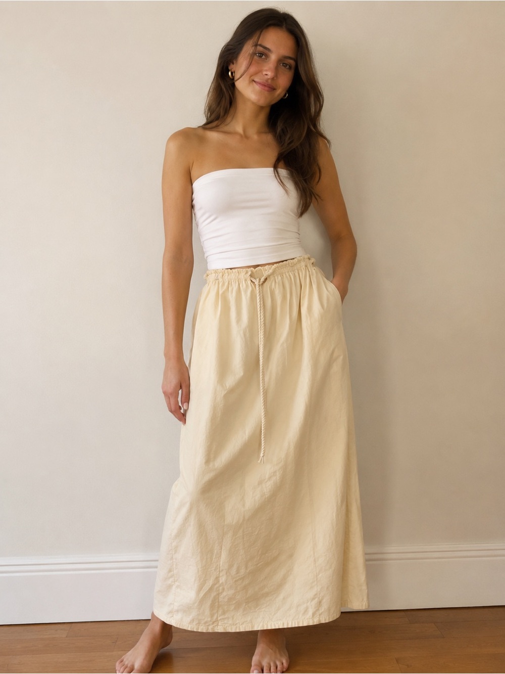 Cream Pull-On Maxi Skirt with Drawstring Waist size Medium